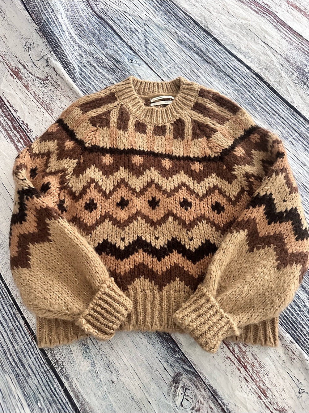 Anthropologie Wool Blend Chunky Fair Isle Knit Sweater in Beige & Brown - Picture 2 of 10